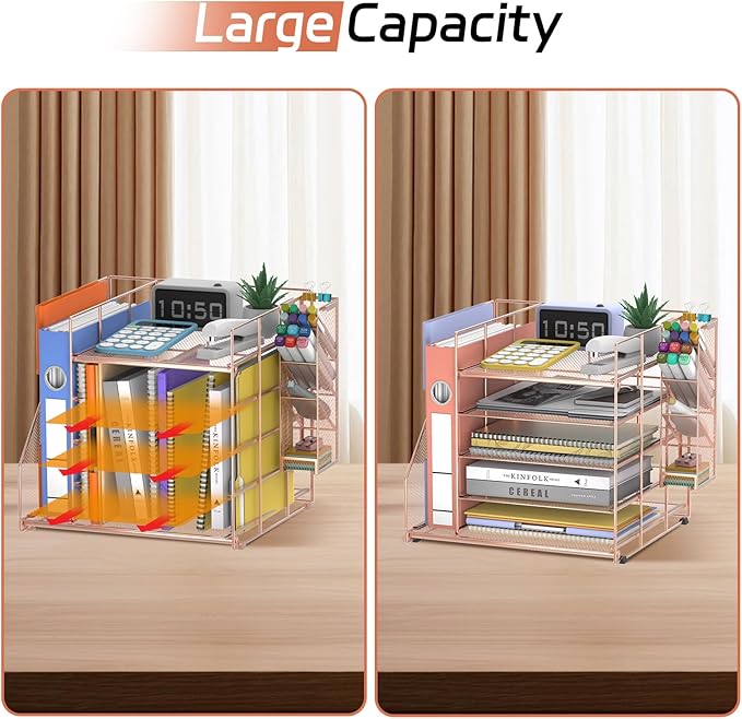 Desk Organizer with Magazine Holder, 5-Tier Paper Organizer for Desk with Pen Holder, Paper Letter Tray for Home, Office or School Supplies, Rose Gold