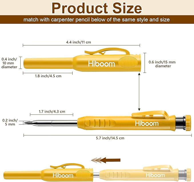 Hiboom 2 Pack Solid Carpenter Pencils with Pencil Cap and 18 Refills, Long Nose Deep Hole Mechanical Pencil Marker, Scribe Tool with Built-in Sharpener for Construction Woodworking Architect (Yellow)