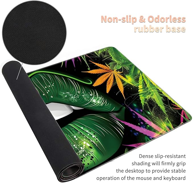 Desk Mat Large Gaming Mouse Pad (31.5x11.8 inch) with Stitched Edges, XL Mouse Pad +Coaster, Extended Mouse Mat Keybroad Mousepad Non-Slip Rubber for Gamer Men Women, Green Lip Weed