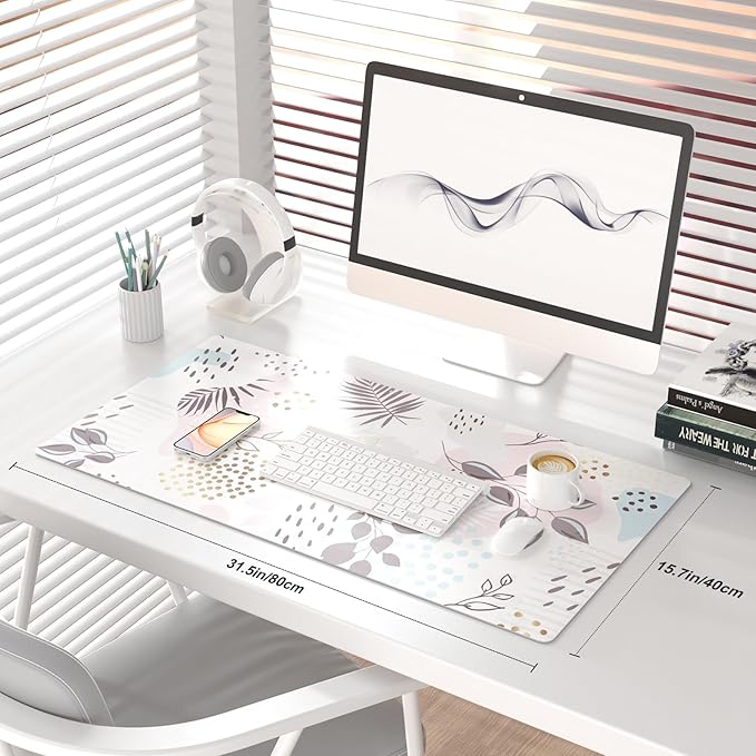 QIYI Large Mouse Pad, Extended Desk Mat for Desktop, PU Leather Waterproof Gaming Mousepad, Computer Desk Accessories Protector Writing Pads for School Office Home 31.5" x 15.7" - Abstract Leaves