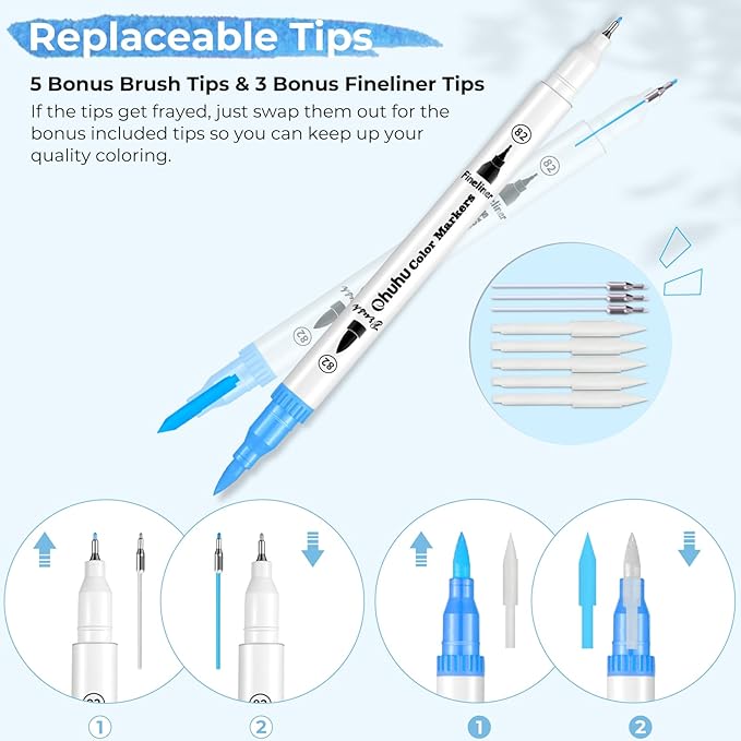 Ohuhu Markers for Adult Coloring Books No Bleeding 160 Colors Coloring Markers Water-based Dual Tips Fineliner & Brush Drawing Pens Art Pens for Kids Adults Sketch Journal - Maui - White