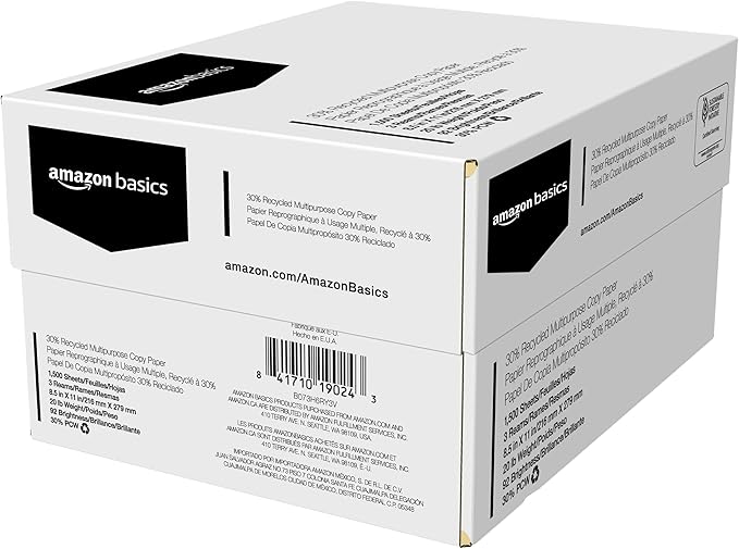 Amazon Basics 30% Recycled Multipurpose Copy Printer Paper, 8.5 x 11 Inches, 20 lb, 3 Ream, (1,500 Sheets), 92 Bright, White
