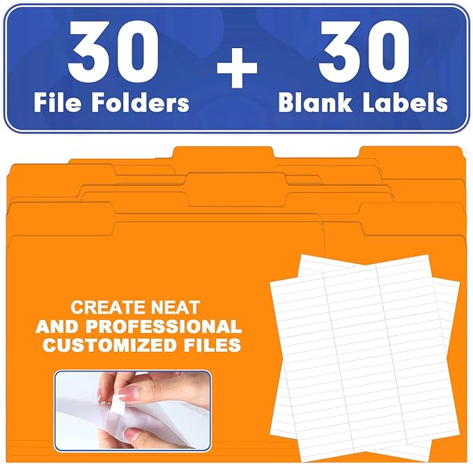 File Folder, HERKKA 30 Pack 1/3 Cut Tab File Folders, File Folders Great for Organizing and Filing, Letter Size, Orange