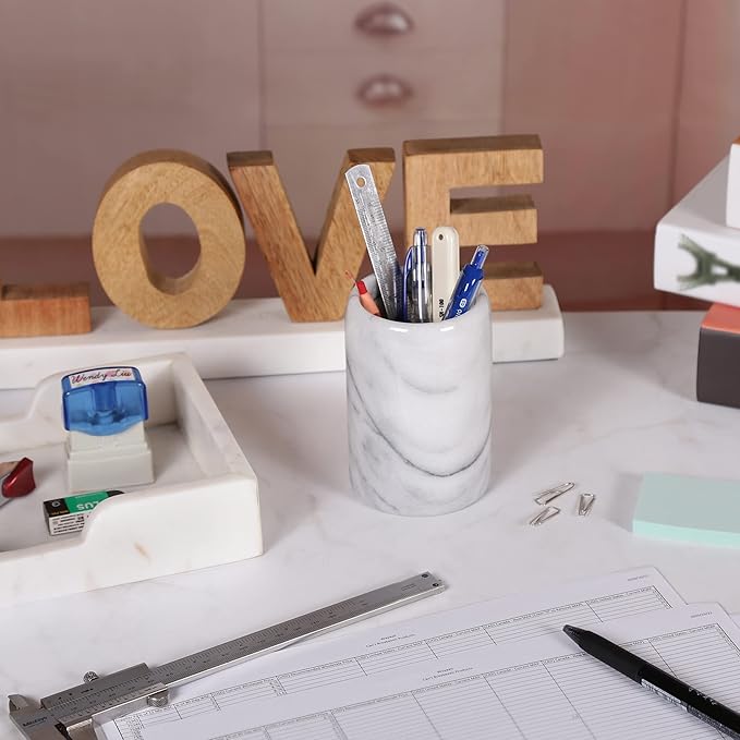 Creative Home Solid Natural Marble Pen Holder – Heavyweight Pencil Cup Organizer for Desk, Vanity, or Bathroom, 3.3" Diameter x 4.5" Height, Off-White with Unique Stone Patterns