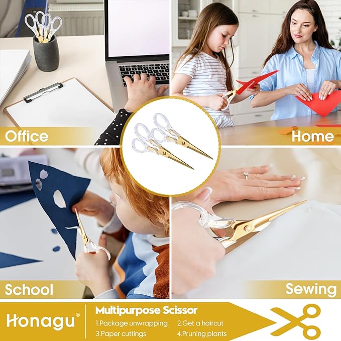Honagu Acrylic Scissors 2-Pack 6.5", Multipurpose Stainless Steel, Sharp, Safe,Paper and Fabric Scissors for Office, Home, School, Sewing and Crafting (Gold)