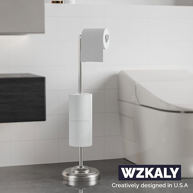 WZKALY Toilet Paper Holder Stand with Storage – 4 Extra Rolls –Brushed Nickel Toilet Paper Holder for Bathroom – Sturdy Base, Classic Retro Style, Space-Saving Bathroom Storage Organizer, Sliver