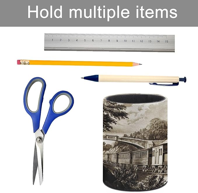 Vintage Steam Train Pen Holder Pencil Organizer Cute Pencil Cup Desk Decor Makeup Brush Holder PU Multifunctional Office Suppliesfor Home Classroom School