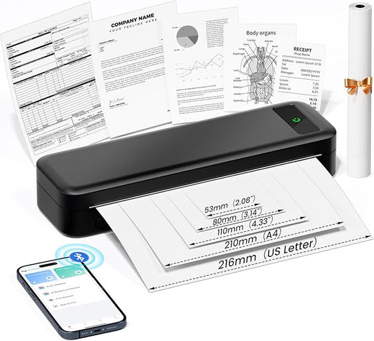 Portable Printers Wireless for Travel, Inkless Thermal Printer, Small Bluetooth Mobile Printer Support 8.5" X 11" Letter & A4 Thermal Paper, Compatible with iPhone Phone Laptop for Home Office Receipt