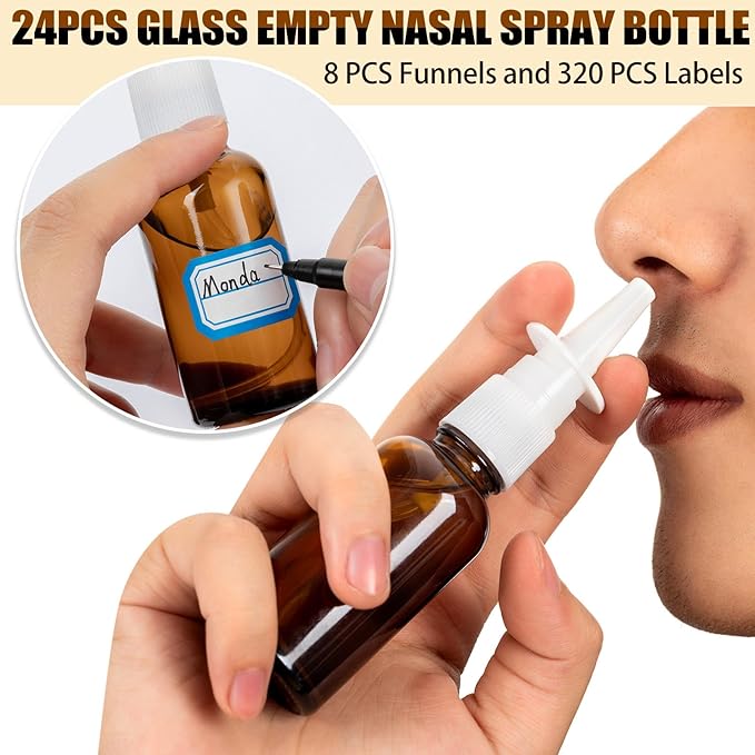 40 Pcs Nasal Spray Bottle Empty, Brown Glass Refillable Fine Mist Nasal Spray Bottles with 8 Pcs Funnels and 8 Pcs Labels (30ML/1oz)