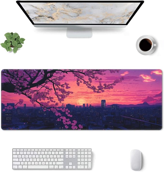 Sakura City Sunset Large Mouse Pad, Anime Style Gaming Desk Mat, XL Keyboard Desk Pad Mat for Desktop, 31.5"x11.8" Non-Slip Base Big Mousepad with Stitched Edges
