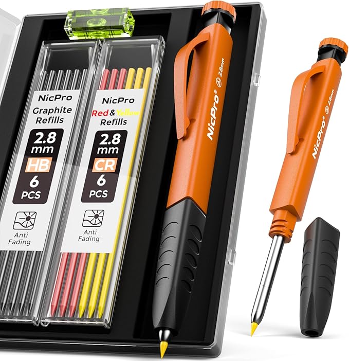 Nicpro Upgraded 3-IN-1 Carpenter Pencils Set with Finger Grip, 1Pcs Construction Pencil with 13 Refill & Mini Spirit Level, Deep Hole Marker Carpenter Tool, Mechanical Pencil for Architect Woodworking