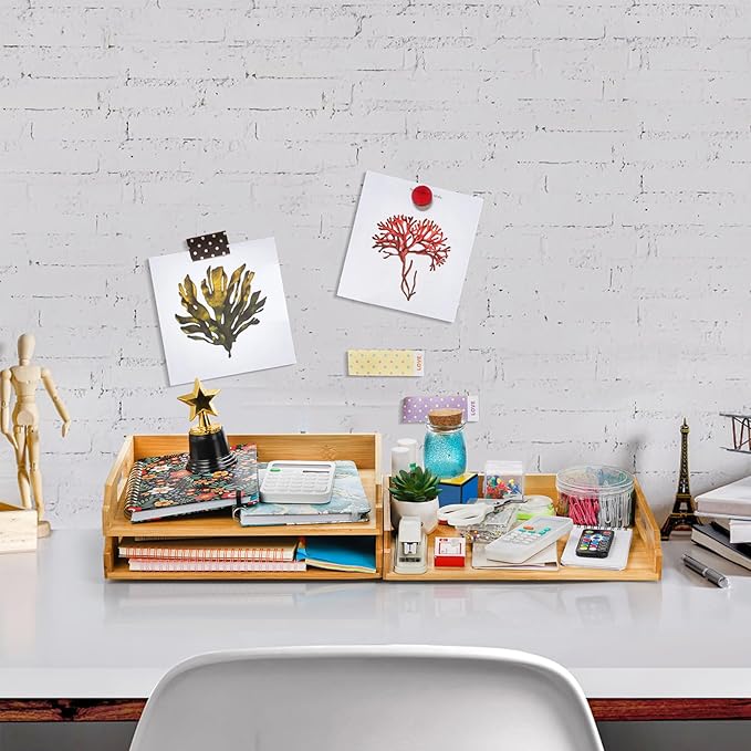 Okllen 3 Pack Stackable Paper Trays, Bamboo Desk Letter Tray Set, 3 Tier File Document Organizer Tray for A4 Paper, Magazine, Receipts, Office Supplies