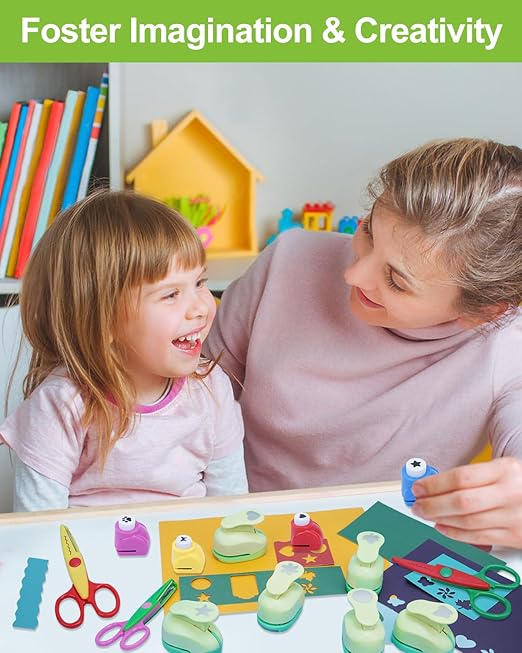 UCEC Paper Punches for Crafting, 3 Pcs Craft Scissors Decorative Edge, 6 Pcs 1 Inch Paper Puncher, 4 Pcs 3/8 inch Hole Punch, Circle Heart Star Shapes Puncher Scissors Sets