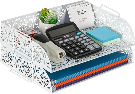 EasyPAG Paper Organizer for Desk 2 Tier Stackable Paper Tray for A4 Legal Size Folders Metal File Storage Desktop Organizer for Home Office School Teacher, White