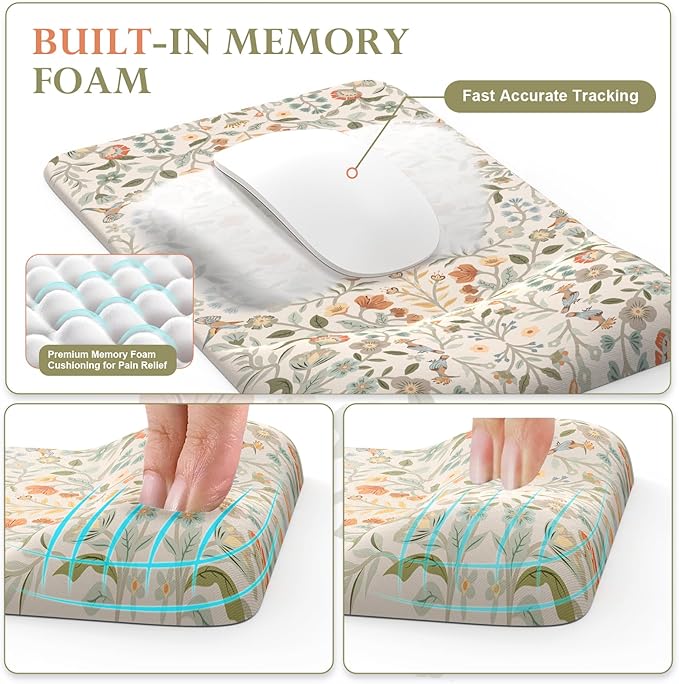 iCasso Mouse Pad with Wrist Rest,Large Desk Mat Set,Ergonomic Keyboard Pad with Wrist Support,Non-Slip Mouse Mat for Women,Cute Floral Computer Mat for Home Office Gaming (Beige)