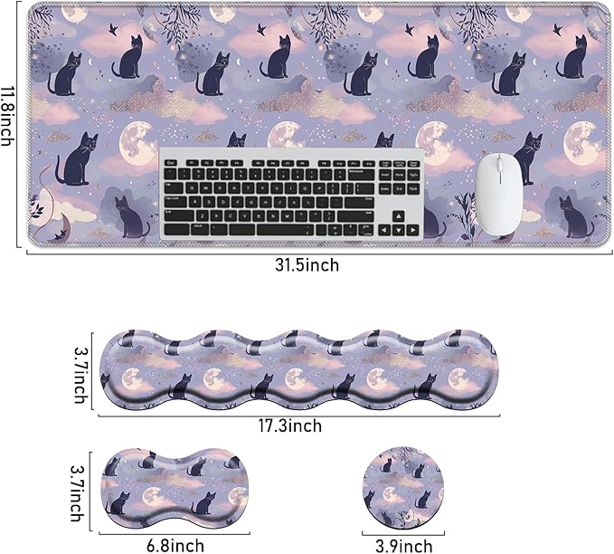 Keyboard Mouse Pad Set,Large Mouse Pad+Keyboard Wrist Rest+Wrist Support+Coaster,31.5x11.8in Extended Desk Mat for Computer Laptop Office Home - Cute Cat and Moon
