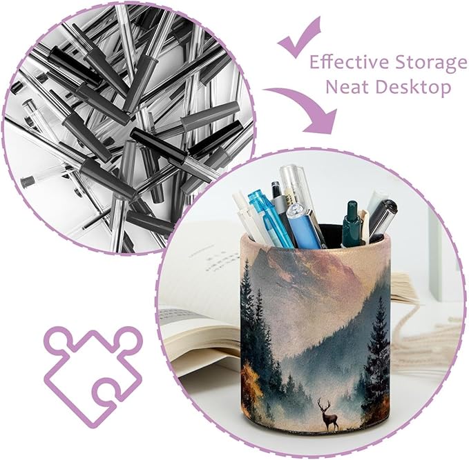 Watercolor Mountain Deer PVC Leather Circular Pencil Holder for Desk Organizer Stationery Holder for Office, School(3.9 x 3.1 Inches)