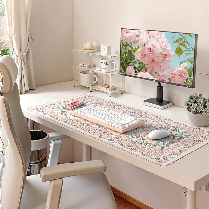 HAOCOO Desk Matt for Desktop, Cute Desktop Pad for Keyboard and Mouse,Non-Slip Pink Keyboard Mat for Computer, Floral Mouse Pad with Stitched Edge, Large Mouse Pad for Office Aesthetics