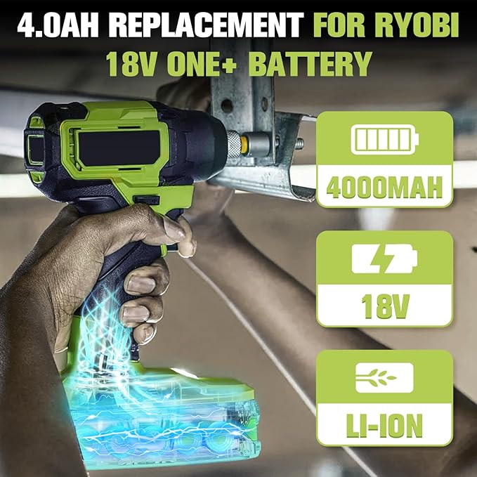 2Pack Upgraded 4.0Ah Replacement for Ryobi 18V Battery and Dual Charger Combo Compatible with Ryobi 18 Volt Lithium Battery ONE Plus P103 P104 P105 P107 P109 P190 P191 P122 Power Tools