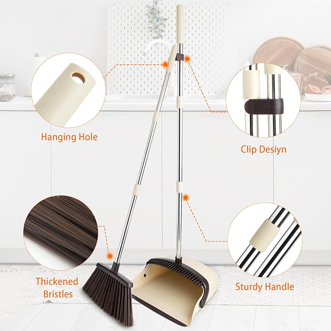 OOOFLOWER Broom and Dustpan Set, Dustpan Combo with 51" Stainless Steel Long Handle Brooms with 5-Layer Soft Bristles for Home Office Kitchen Bathroom(Beige)
