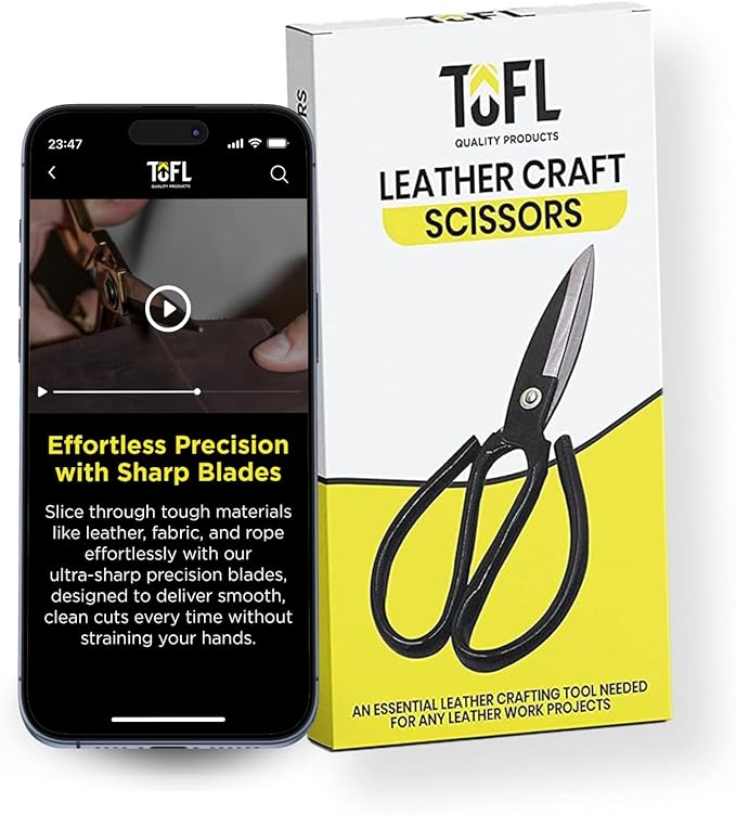 TOFL Leather Craft Scissors - Heavy Duty Shears for Cutting Thick Hide Material - Magnesium Steel Multipurpose Crafting Tool - TPU Handle, Comfortable Grip - Compact Design, Large Opening - 7.3 Inches