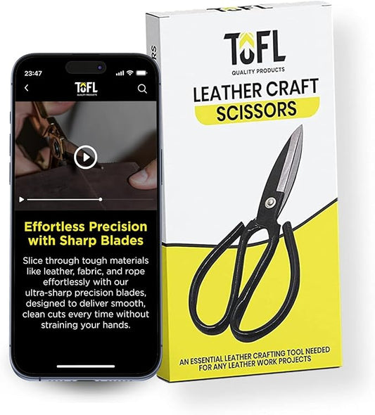 TOFL Leather Craft Scissors - Heavy Duty Shears for Cutting Thick Hide Material - Magnesium Steel Multipurpose Crafting Tool - TPU Handle, Comfortable Grip - Compact Design, Large Opening - 7.3 Inches
