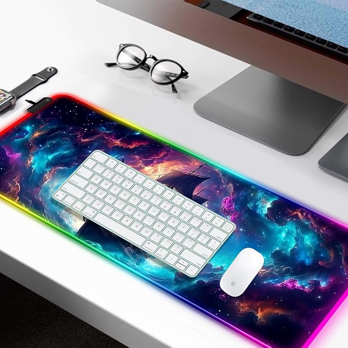 RGB Fantasy Pirate Ship Gaming Desk Mat, Computer Keyboard Large Extended Long LED Mouse Pad for Office and Home, XL (W01)