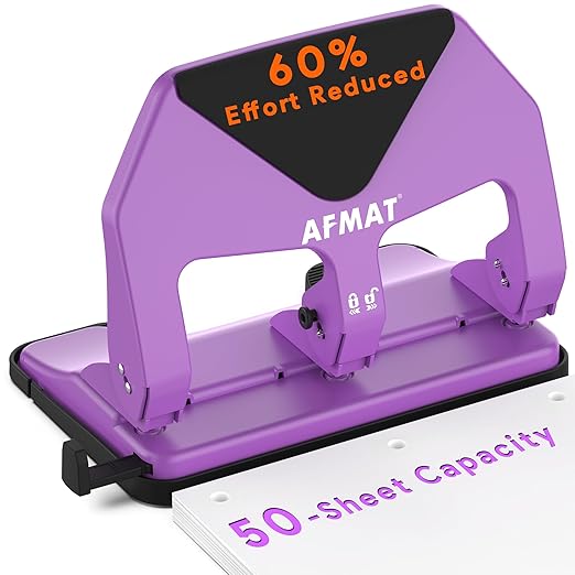 AFMAT HP20 Heavy Duty 3 Hole Punch, 50-Sheet Capacity, 60% Reduced Effort Three Hole Puncher for Binder, 10K+ Uses, Large Chip Tray, Adjustable Paper Guide, Office Metal Paper Puncher 3 Ring, Purple