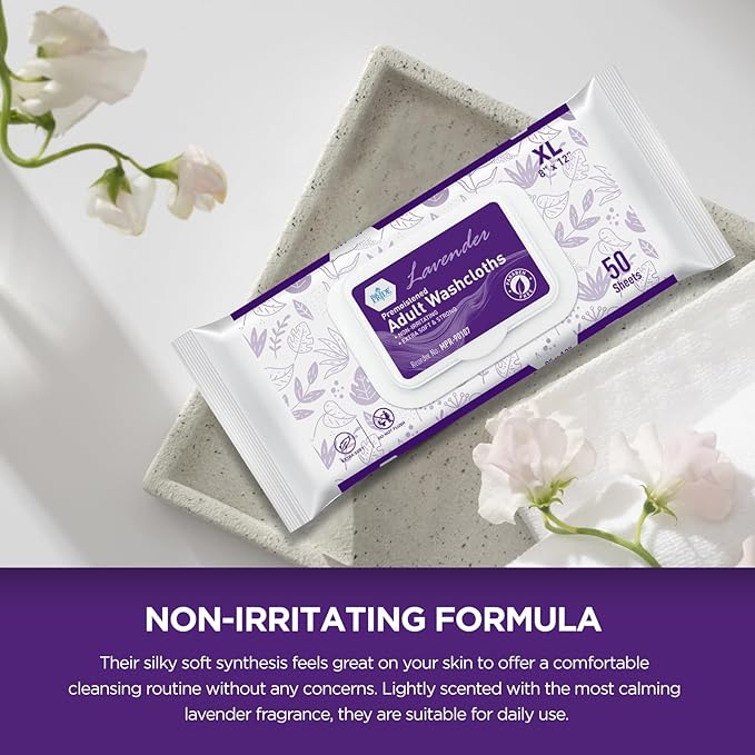 MED PRIDE Premoistened Disposable Washcloths for Adults 8 X 12 in | Ultra-Soft, Paraben-Free, No-Rinse | Lavender Scent | Pack of 600