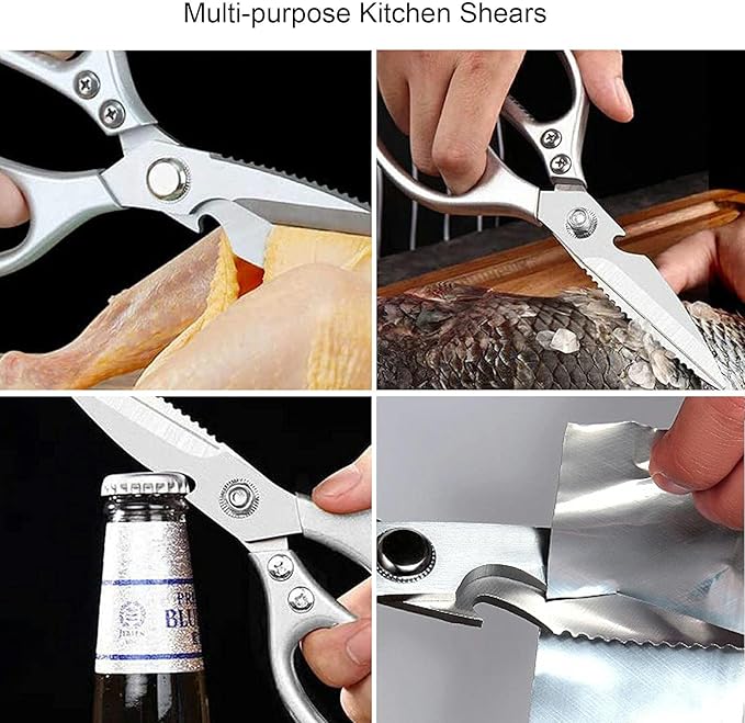 LONJYI Multi Function Kitchen Scissors, Heavy Duty Stainless Steel Shears with Ultra Sharp Blades Left Right Handed Scissors Use for Chicken Meat Seafood Vegetables BBQ Bottle Opener Silver
