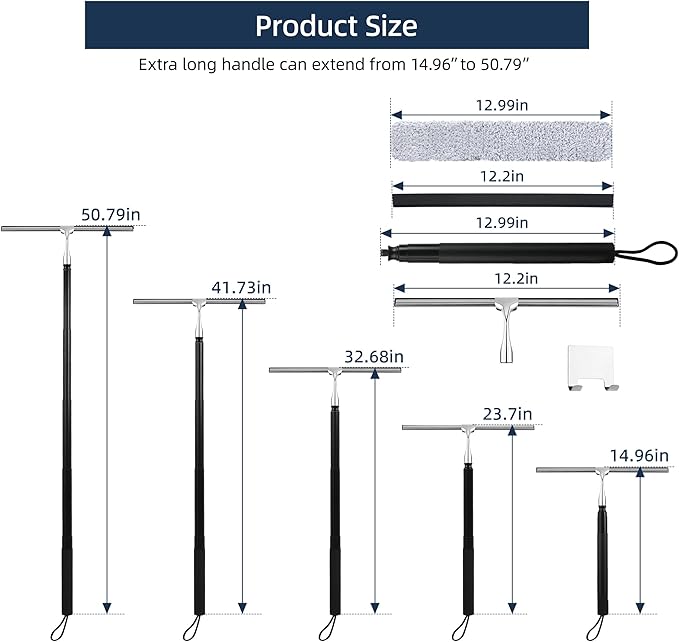 Eahwey 12-51’’ Telescopic Window Squeegee for High Windows, 2-in-1 Window Cleaning Kit with Extra Silicone Blade & Hook, Professional Squeegee for Shower Glass Doors, Car Windshield & Outdoor Use