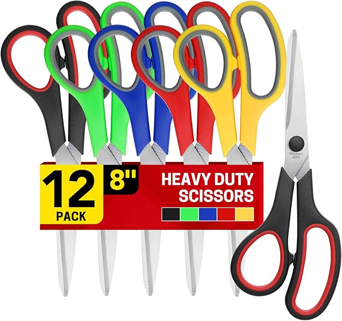 8" 12 Pack All Purpose Heavy Duty Scissors- Comfort-Grip Sharp Scissors for Office School Sewing Fabric Craft High/Middle School Student Teacher Scissor, Right/Left Hand