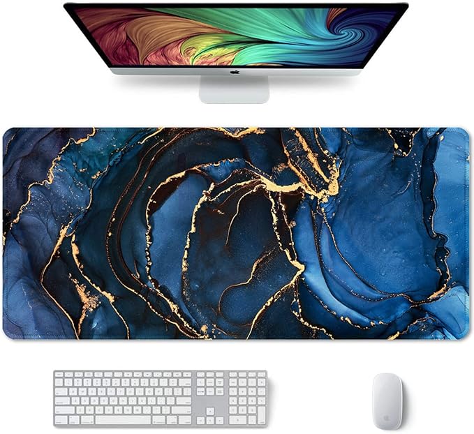 Auhoahsil Large Mouse Pad, XXL Desk Pad, Extened 35" x 15", Non-Slip Rubber Base, Stitched Edges, Superior Surface, Waterproof Keyboard Mat, Large Mousepad for Gamer, Office & Home, Dark Blue Marble