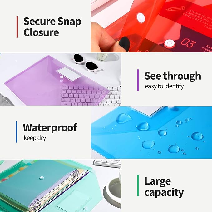 LEOBRO Plastic File Folders with Pocket, 24PCS Plastic Envelopes with Snap Closure, Folders for Documents, Reusable File Bags, A4 Size