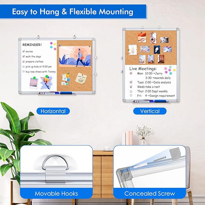 Magnetic White Board and Cork Board Combo, 24 X 18 inches Whiteboard Bulletin Combination Board, Wall Mounted Dry Erase Message Board for Home, School and Office