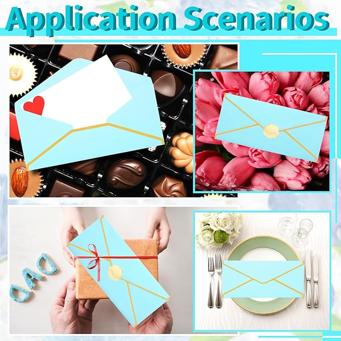 Business Envelopes with V-Flap,Gold Border 30 Pack #10 Envelopes Made of 150gsm Paper, Standard Envelopes with Gold Stickers for Office, Checks, Letter Mailing,9.45 x 4.13 Inches (Light Blue)