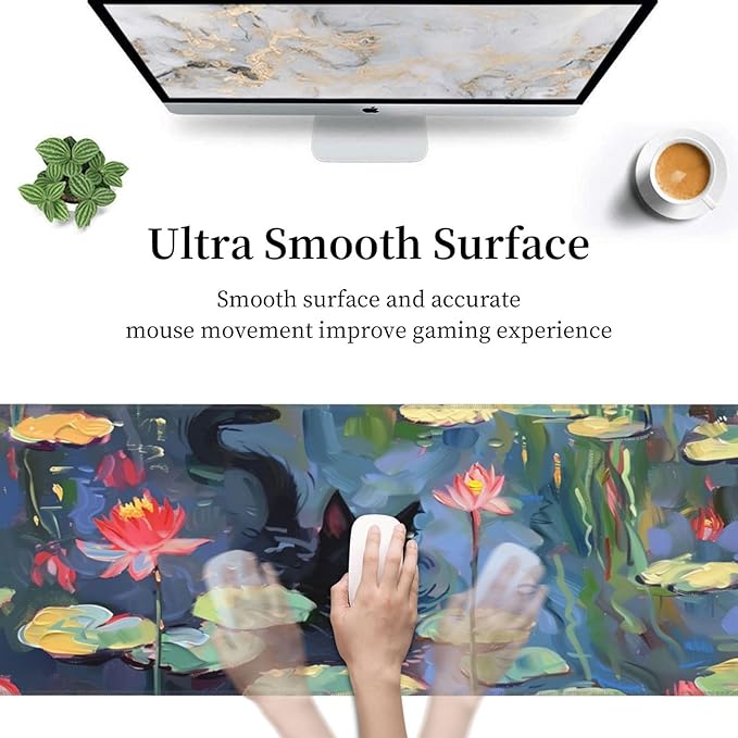 Cute Black Cat Lotus Gaming Mouse Mat Extended Large XL Mouse Pad Desk Mat Non-Slip Rubber Mice Pads Stitched Edges for Office and Home,31.5 X 11.8 X 0.12 Inches