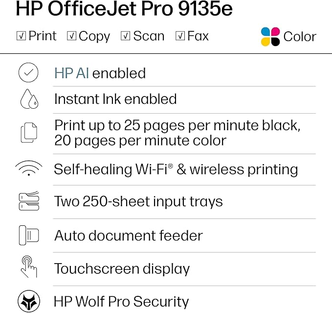 HP OfficeJet Pro 9135e Wireless All-in-One Color Inkjet Printer, Print, scan, copy, fax, ADF, Duplex printing best-for-office, 3 month Instant Ink trial included, AI-enabled (404M0A)