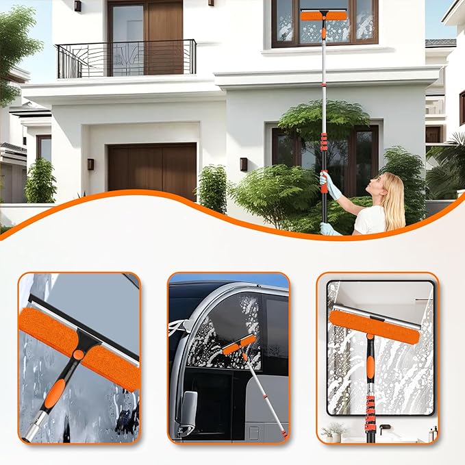 Jhkopqe 30FT Telescoping Window Cleaning Kit with 14" Squeegee - 2-in-1 Professional Window Scrubber & Extension Pole - Extra Long High-Reach Glass Cleaner Tool for Indoor & Outdoor High Windows, RV