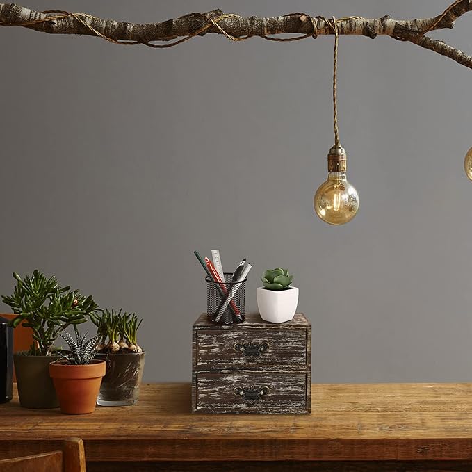 Office Desk Organizer Drawers Dark Brown Vintage 2pcs/set Small Wood Desktop Storage Box Farmhouse Kitchen Countertop Organizer Makeup Storage Box for Workspace Home Toiletries Supplies Vanity