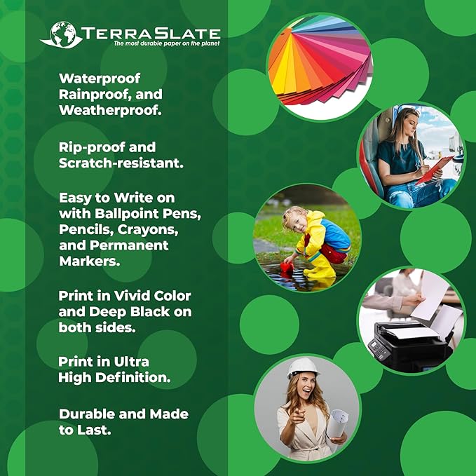 TerraSlate Premium Rain/Weather/Waterproof Paper, 10 MIL 8.5 x 11 Inches, Bright White, Durable Printer Paper (25 Sheets)
