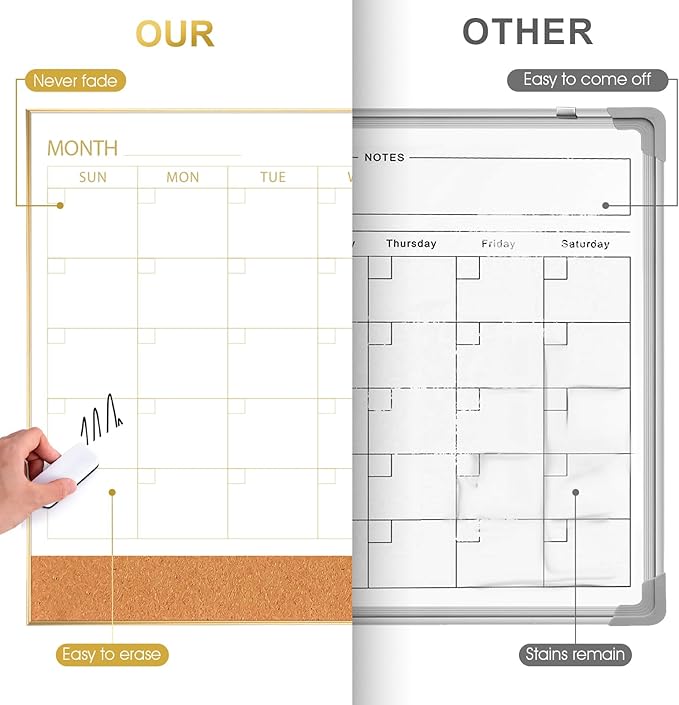 ARCOBIS Dry Erase Calendar Whiteboard Cork Board Combo, 36"x24" Magnetic White Board Calendar Dry Erase for Wall, Gold Frame Monthly Combination Board for Office, Home, School