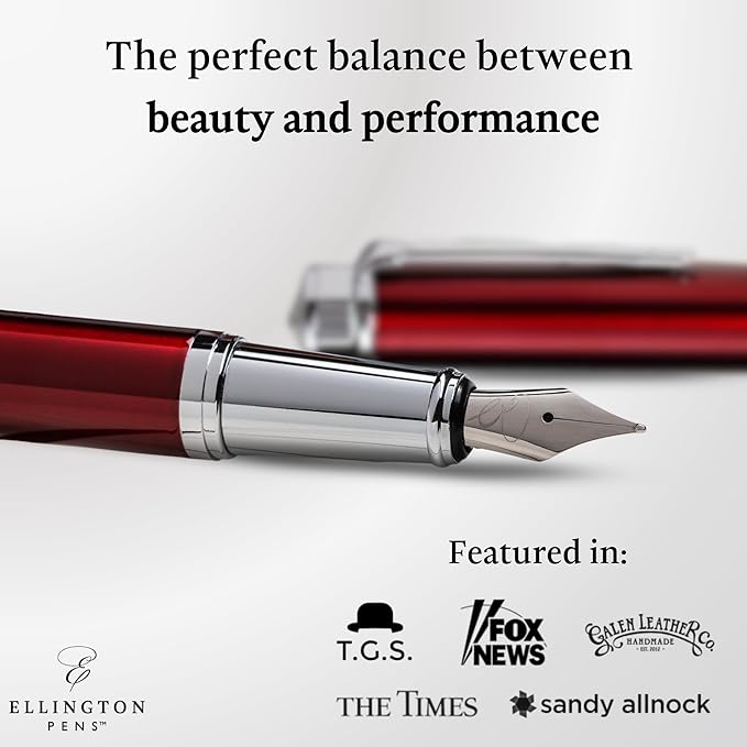 Ellington Pens Luxury Fountain Pen Set - Smooth Fine Nib- Includes 3 Ink Cartridges, Refillable Ink Converter, Gift Box- Fountain Pens For Writing, Calligraphy, Journaling, Sketching (Scarlet Slate)