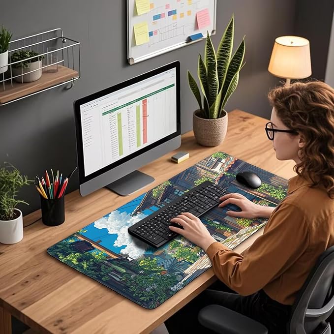 Japanese Street Scene Large Gaming Mouse Pad 31.5"x15.7"｜XXL Desk Mat, Non-Slip Rubber Base & Stitched Edges - Extended Waterproof Mousepad for PC/Laptop/Office/Home Decor
