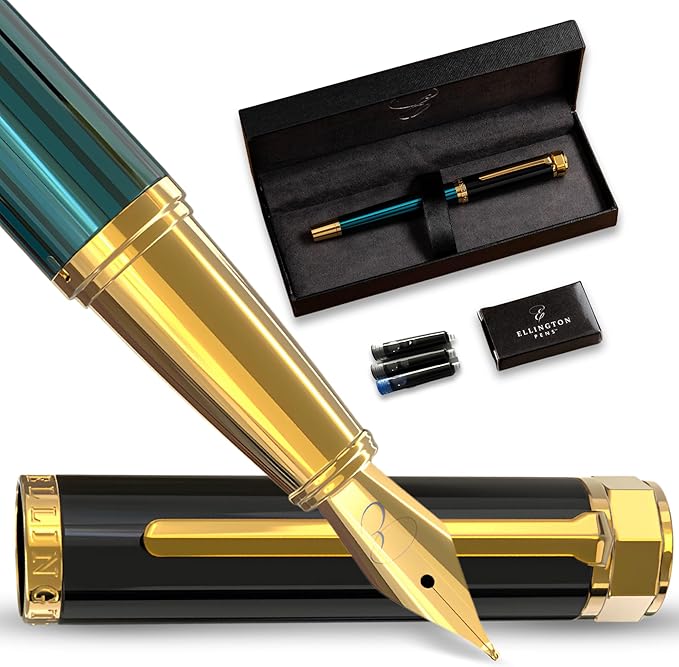 Ellington Pens Luxury Fountain Pen Set - Smooth Fine Nib - Includes 3 Ink Cartridges, Refillable Ink Converter, Gift Box -Fountain Pens For Writing, Calligraphy, Journaling, Sketching (Urban Hunter)