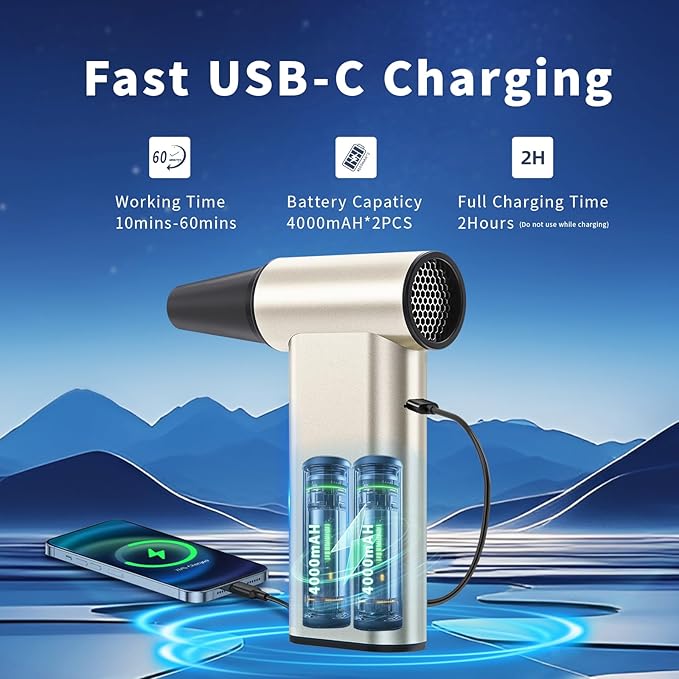 Rckskaya Compressed Air Duster, 300000RPM Powerful Electric Air Duster Rechargeable Battery, 4-Gear Handheld Blower Cordless, Phone Charger, Mini Blower for Keyboard, Computer, House, Outdoor and Car