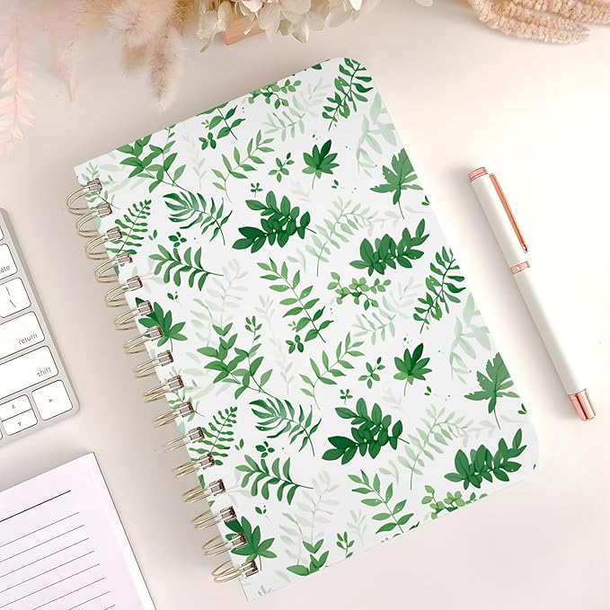 Cute Spiral Notebook journal A5 Aesthetic Pretty Floral Design for Women Girls Kawaii with Pocket, 8.5 x 5.7 inch, Green Leaves