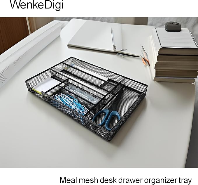 New Desk Drawer Organizer, Desk Organizer,Metal Mesh Office Drawer Organizer Tray, 6 Compartments for Office School Home,12.6 x 8.27 x 1.57 inch, Black (1pc pack)