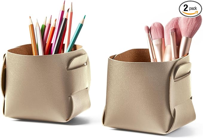 HOMIEAZICOZI 2-Pack Cork Leather Desk Accessories Storage - Pencil Pen Holder - Makeup Brush Holder Organizer - Stylish Addition to Home Decor (Champagne Gold)