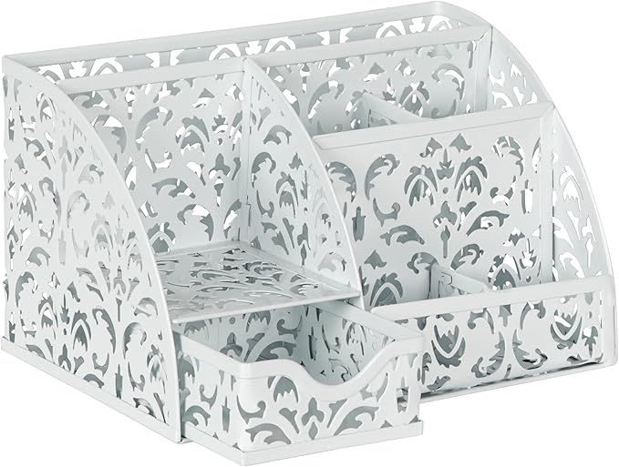 EasyPAG Pen Holder Desk Organizer with Drawer Pencil Cup for Desk 6 Compartments Metal Office Caddy Storage with Sticky Notes Holder for School Home Office, White